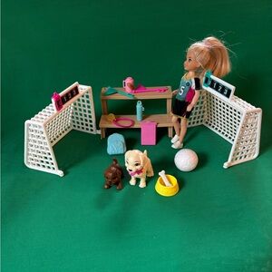 Barbie doll Chelsea Soccer Player playset w dogs bleachers & accessories